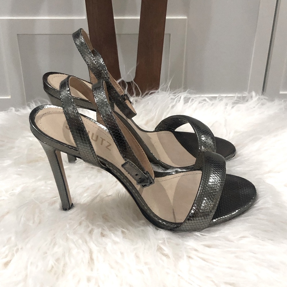 💥 SCHUTZ Metallic Silver Embossed Leather Heels Sz 36.5 - Picture 2 of 6